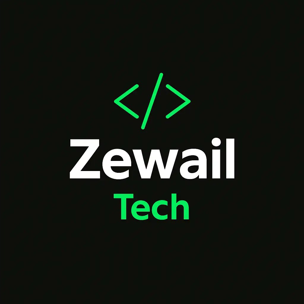 وسم HTML بلون أخضر على خلفية سوداء وأسفله اسم موقع Zewail Tech التقني.